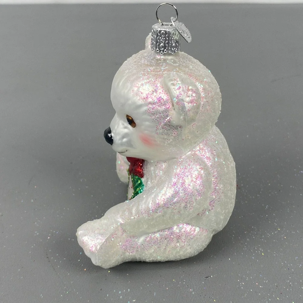 Old World Christmas 2010 Polar Bear Cub Glass Holiday Ornament White Glitter